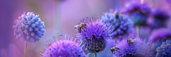 Bees pollinate flowers. Bees collect nectar. Bee flying around flowers. Purple background. - obrazy, fototapety, plakaty