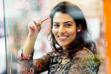 High-quality image capturing the energy of a female entrepreneur, joyfully writing on a glass wall with a felt-tip pen, adding a touch of innovation to her workspace. - obrazy, fototapety, plakaty