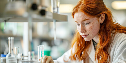 Young girl with red hairy scientist deeply engaged in laboratory activities, with a focus on her expressions and thoughtful work, offering a clear area for text. - obrazy, fototapety, plakaty