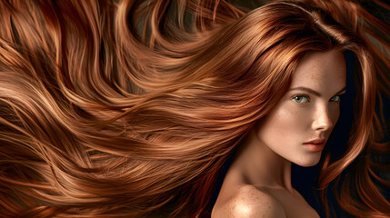 Beautiful redhead woman modeling her long, shiny, silky hair.