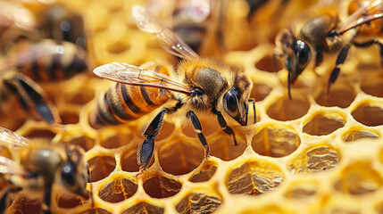 Close up of bees in honeycombs. The queen bee and bee workers around her. Bee colony life. - obrazy, fototapety, plakaty