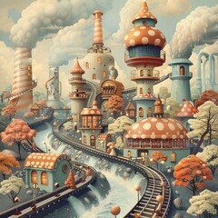 An imaginative depiction of a fantastical chocolate factory complete with chocolate fountains and conveyor belts that inspires amazement and joy. - obrazy, fototapety, plakaty