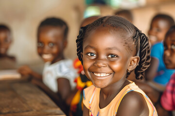 Portrait of African school girl smiling in classroom, rural village with availability of education	 - obrazy, fototapety, plakaty