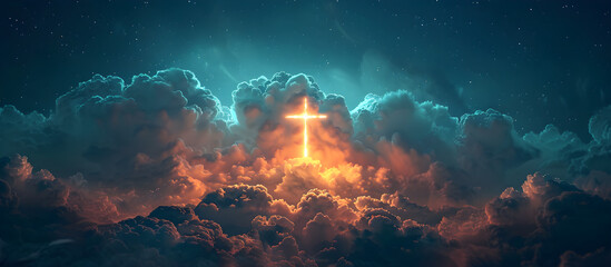 Christian Easter concept with a radiant cross in the sky symbolizing faith in Jesus Christ salvation and eternal life.