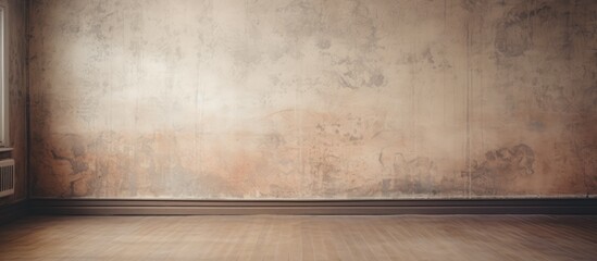 Capture the intricate details of a room showcasing a wooden floor and a textured wall up close