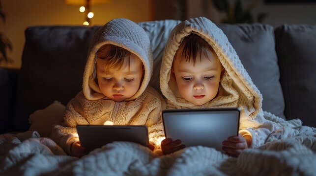 Two Little Girls Sitting on a Couch Using Tablet - Powered by Adobe