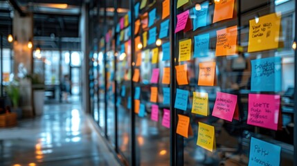 A creative brainstorming session for career rethinking with post-it notes on a glass wall - obrazy, fototapety, plakaty