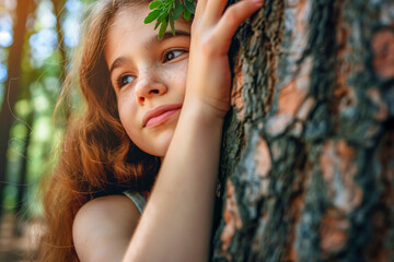 Net zero and carbon neutral concept. Young girl hugging a tree in the outdoor forest. global problem of carbon dioxide and global warming. Love of nature. greenhouse gas emissions target Climate