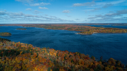 Aerial view of Killbear Provincial Park and Georgian Bay during the colorful fall