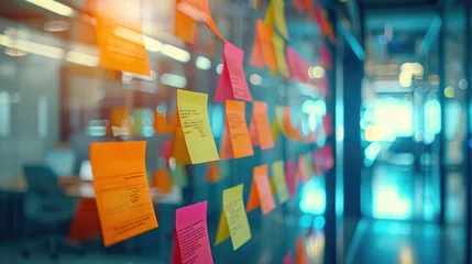 Gordijnen A creative brainstorming session for career rethinking with post-it notes on a glass wall © Татьяна Креминская