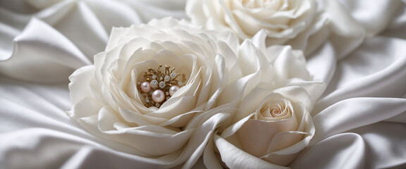 White Fabric Roses with Pearl Embellishments on Silk. Wedding photography.