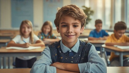 young boy in a classroom smiles confidently at his desk