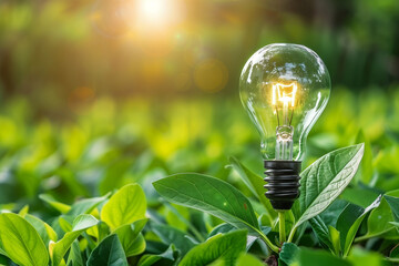 A light bulb is planted in a green bush. The light bulb is lit up and shining brightly. Concept of hope and positivity, as the light bulb represents a source of energy and light - obrazy, fototapety, plakaty