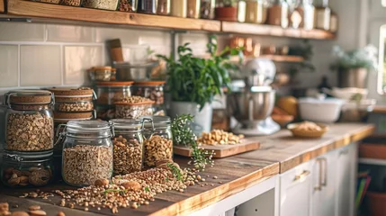 Fotobehang A creative home project where upcycled food products are made, such as turning leftover grains into homemade granola bars, within a DIY kitchen setup © Татьяна Креминская