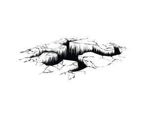 vector design, a black and white sketch illustration of the ground cracking due to someone falling, forming a hole in the shape of a human body which is usually found in cartoon films - obrazy, fototapety, plakaty