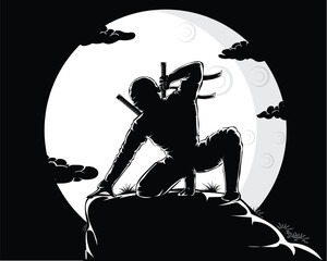 black and white silhouette vector design, night view with a large moon and a black ninja sitting on a rocky cliff while holding a sword that is still in its sheath © Nick kelly jr 