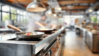 Blurred Restaurant kitchen with cooking in the open kitchen
