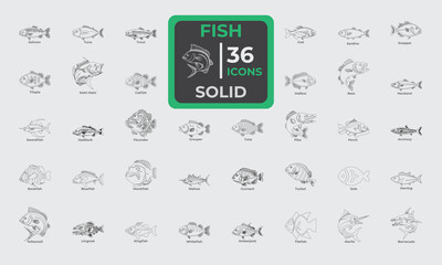 Set of 36 Line Icon related to Fish. Line editable icons collection. Vector illustration.