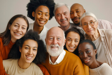 Group of positive multicultural people different ages smiling at camera.