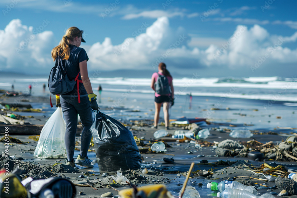 Wall mural a woman is picking up trash on a beach