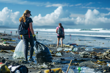 A woman is picking up trash on a beach - obrazy, fototapety, plakaty