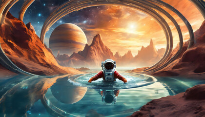 life in space - the astronaut in the water of other planet like Mars, jupiter or Uranus