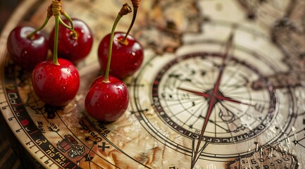 A close up of an astrological chart with cherries on it