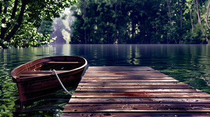 A wooden boat is sitting on a dock in front of a forest - obrazy, fototapety, plakaty