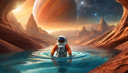 life in space - the astronaut in the water of other planet like Mars, jupiter or Uranus - obrazy, fototapety, plakaty