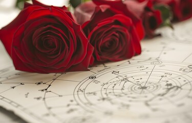 A closeup of an astrological chart with the zodiac signs and stars, placed on top of white paper and accompanied by fresh red roses., the focus is sharp on the drawing 