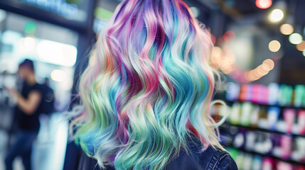 A woman with rainbow colored hair - obrazy, fototapety, plakaty