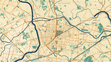 Vintage-Styled Map with Colorful Streets and Waterways