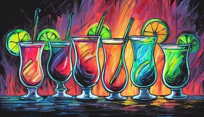 beautiful neon drinks, toxic colors, amazing image for a bar ver 3 - obrazy, fototapety, plakaty