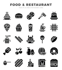Set of Food and Restaurant icons in Glyph style. Glyph Icons symbol collection.