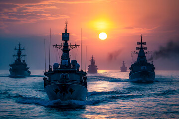 Sailing military ships in the sea - obrazy, fototapety, plakaty