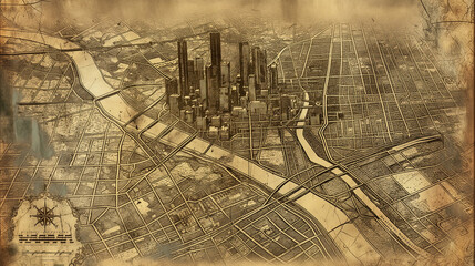 Sepia-Toned Vintage Map Illustration of City with Detailed Streets and Buildings