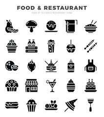 Set of 25 Food and Restaurant Glyph Icons Pack.