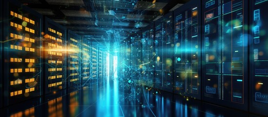 An image depicting a dimly lit room filled with numerous server racks arranged in multiple rows, illuminated by various lights