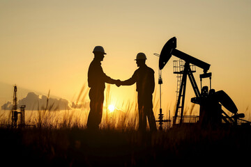 Obraz premium Silhouette of two engineers handshaking and making corporate contract outside in front of oil pump. People in helmets working in field at the oil.