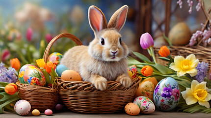 Fototapeta na wymiar Easter Celebration: A Bunny Amidst Colorful Eggs and Blooming Flowers