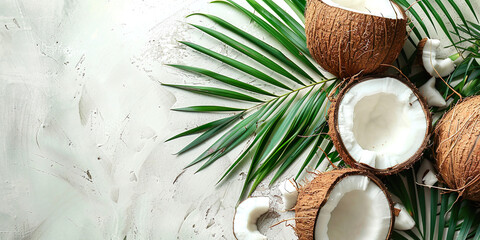 Fototapeta na wymiar Top view of coconuts and palm leaf