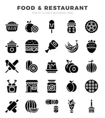 Food and Restaurant Glyph icons collection. 25 icon set. Vector illustration.