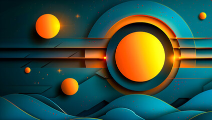 Futuristic abstract design, bright neon circles and geometric shapes on a dark background