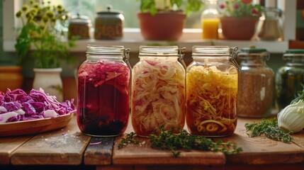 A kitchen scene showcasing the process of fermentation with jars of kombucha, sauerkraut, and other...