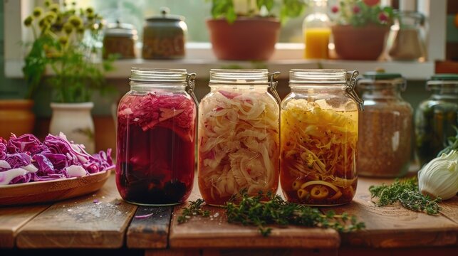 Naklejki A kitchen scene showcasing the process of fermentation with jars of kombucha, sauerkraut, and other fermented foods as part of an eco-conscious lifestyle