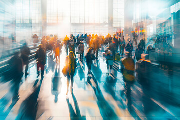 Traveling concept. Crowded modern airport terminal with travelers rushing to their gates. As business people, tourists, and families navigate through the terminal, images double exposure, blurred - obrazy, fototapety, plakaty