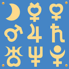 Obraz premium Planets Astrology Symbols Vector Natal Chart Moon, Mars, Venus, Mercury, Jupiter, Pluto, Uranus, Neptune