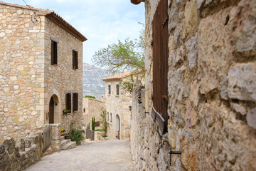 Streets and squares of Siurana, with its rock houses on top of a hill, tourist village of Tarragona, Spain.