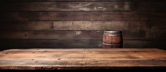 A wooden table supports a barrel on its surface, creating a simple yet rustic scene