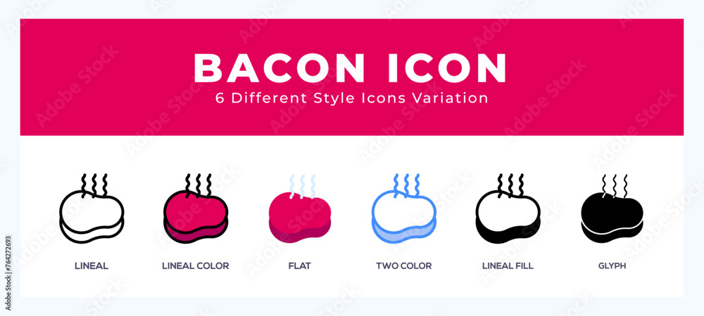 Poster bacon icon set with different styles. icons designed in filled. outline. flat. glyph and line colore